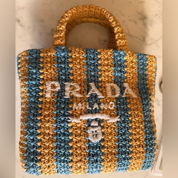Prada Handbags - Prada small raffia striped tote bag in tan and blue